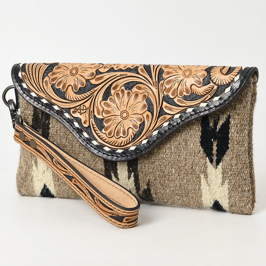 American Darling Hand Tooled Leather Western Wristlet Bag with Saddle Blanket and Floral Carved Flap - Uhorse
