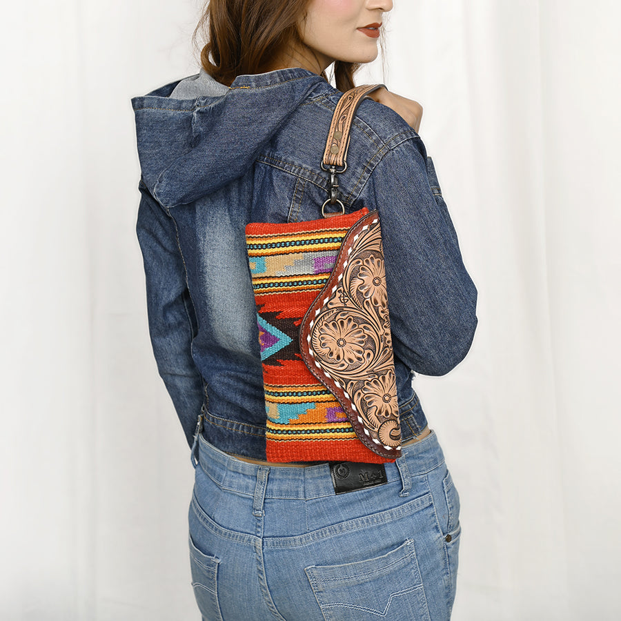 American Darling Hand Tooled Leather Western Wristlet Bag with Floral Carved Flap and Hand Woven Saddle Blanket 6in (H) X 11in (W)