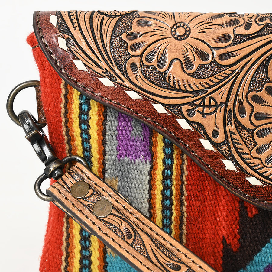 American Darling Hand Tooled Leather Western Wristlet Bag with Floral Carved Flap and Hand Woven Saddle Blanket 6in (H) X 11in (W)