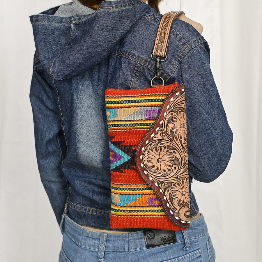 American Darling Hand Tooled Leather Western Wristlet Bag with Floral Carved Flap and Hand Woven Saddle Blanket 6in (H) X 11in (W)