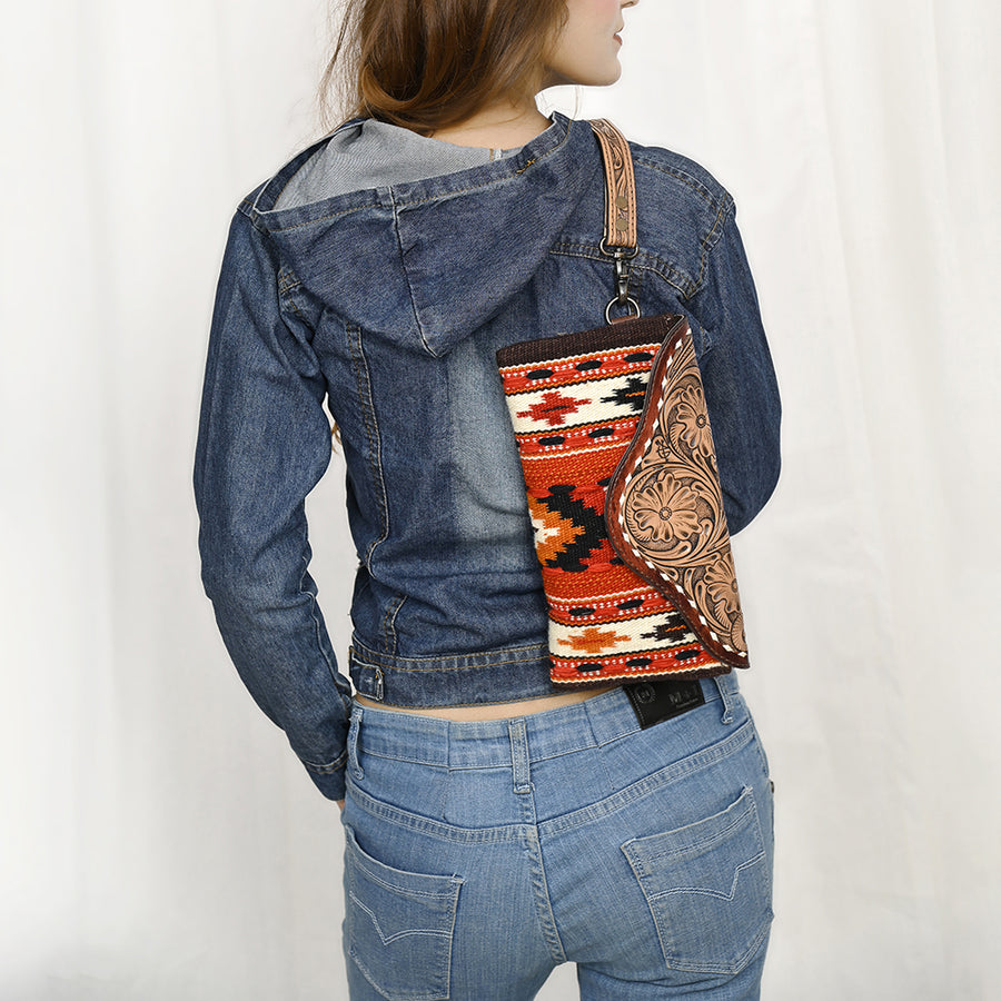 American Darling Hand Tooled Leather Western Wristlet Bag with Floral Carved Flap and Hand Woven Saddle Blanket 6in (H) X 11in (W)