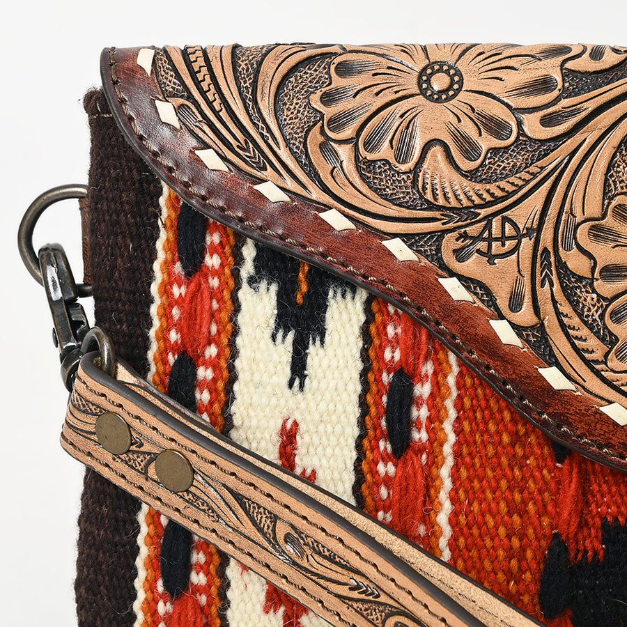 American Darling Hand Tooled Leather Western Wristlet Bag with Floral Carved Flap and Hand Woven Saddle Blanket 6in (H) X 11in (W)