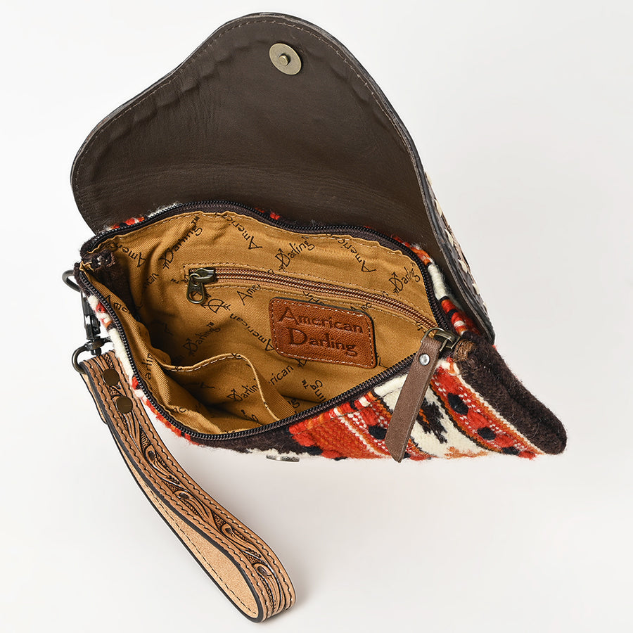 American Darling Hand Tooled Leather Western Wristlet Bag with Floral Carved Flap and Hand Woven Saddle Blanket 6in (H) X 11in (W)