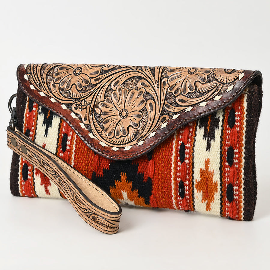American Darling Hand Tooled Leather Western Wristlet Bag with Saddle Blanket and Floral Carved Flap - Uhorse