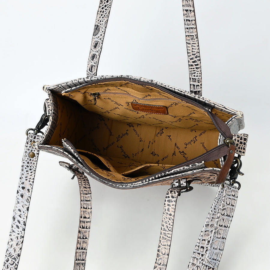 American Darling Western Tote Bag – Hand-Tooled Floral Leather Front, Croc-Embossed Back, Premium Genuine Leather, Everyday Carry