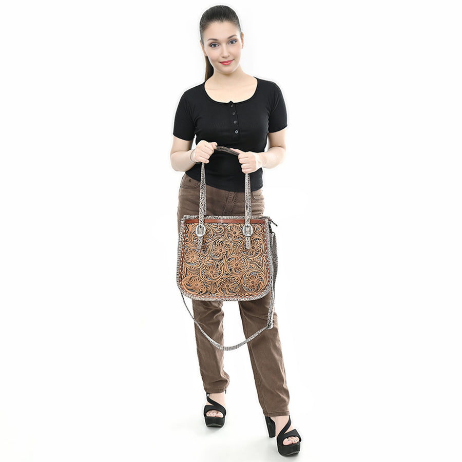American Darling Western Tote Bag – Hand-Tooled Floral Leather Front, Croc-Embossed Back, Premium Genuine Leather, Everyday Carry