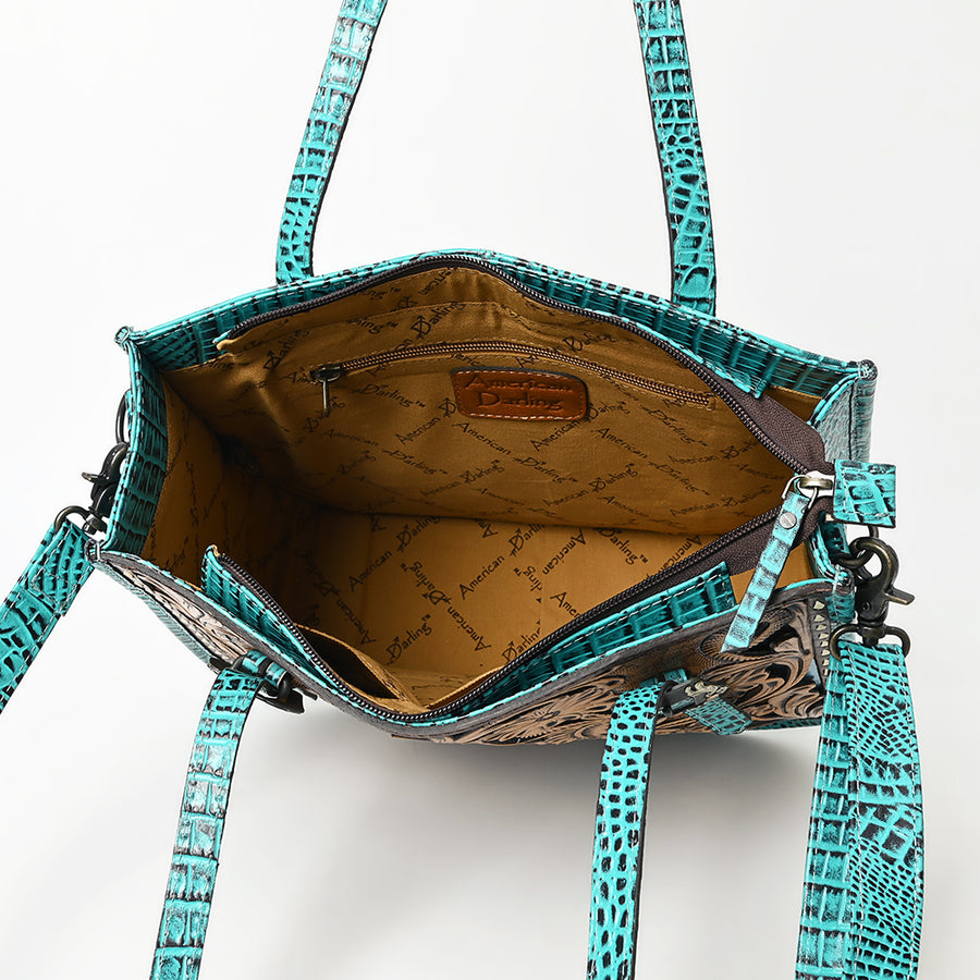 American Darling Western Tote Bag – Hand-Tooled Floral Leather Front, Croc-Embossed Back, Premium Genuine Leather, Everyday Carry