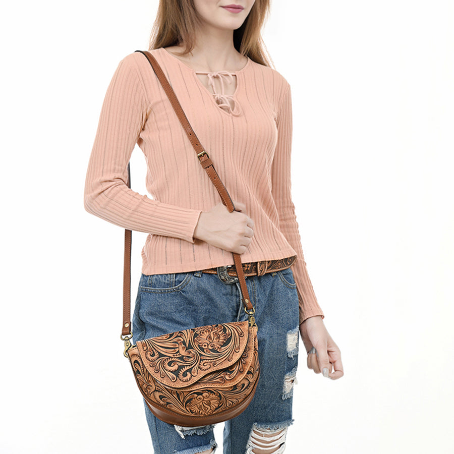American Darling Hand Tooled Floral Carved Genuine Leather Small Cross body Bag Eco-Friendly Western Purse