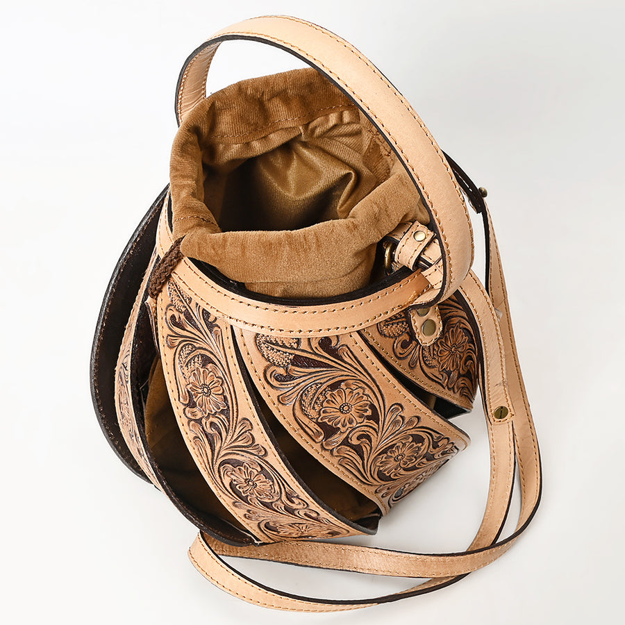 American Darling Hand Tooled Floral Carved Genuine Leather Bucket Bag Drawstring Eco-Friendly Western Purse