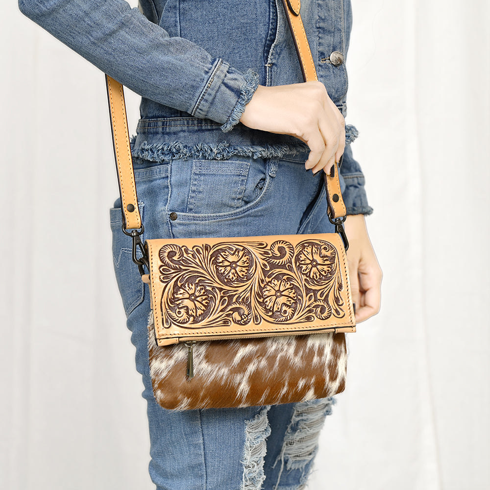 American Darling Cross Body Hand Tooled Hair on-Genuine Leather Western Women Bag Handbag Purse | Crossbody