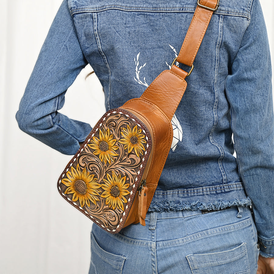 American Darling Western Sling Bag – Hand-Tooled Floral Carved Floral Design, Genuine Leather, Adjustable Strap, Eco-Friendly Crafted