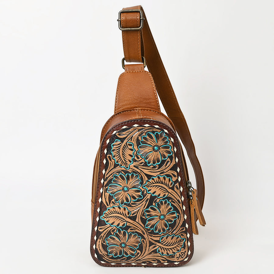 American Darling Western Sling Bag – Hand-Tooled Floral Carved Floral Design, Genuine Leather, Adjustable Strap, Eco-Friendly Crafted