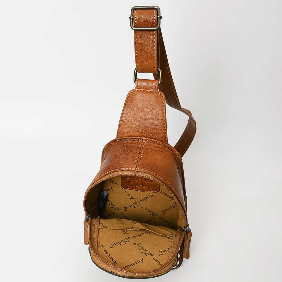 American Darling Western Sling Bag – Hand-Tooled Floral Carved Floral Design, Genuine Leather, Adjustable Strap, Eco-Friendly Crafted
