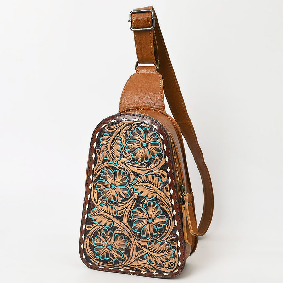 American Darling Western Leather Sling Bag with Hand-Tooled Floral Carving - Genuine Leather - Uhorse