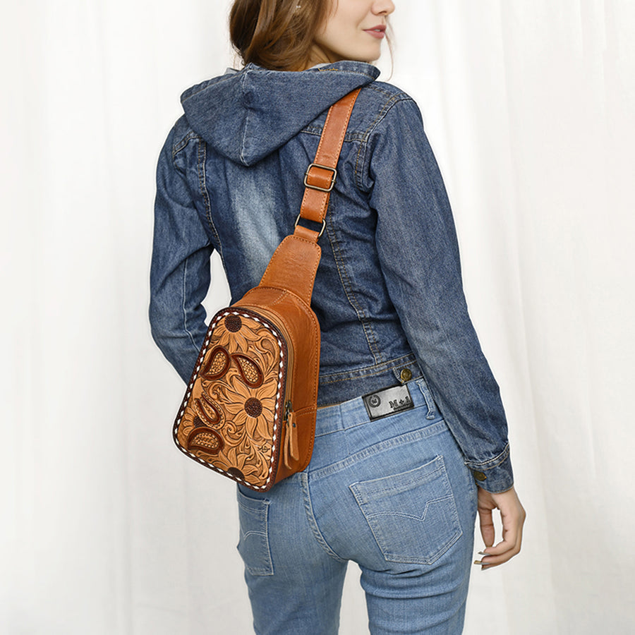 American Darling Western Sling Bag – Hand-Tooled Floral Carved Floral Design, Genuine Leather, Adjustable Strap, Eco-Friendly Crafted