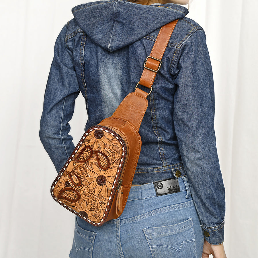 American Darling Western Sling Bag – Hand-Tooled Floral Carved Floral Design, Genuine Leather, Adjustable Strap, Eco-Friendly Crafted