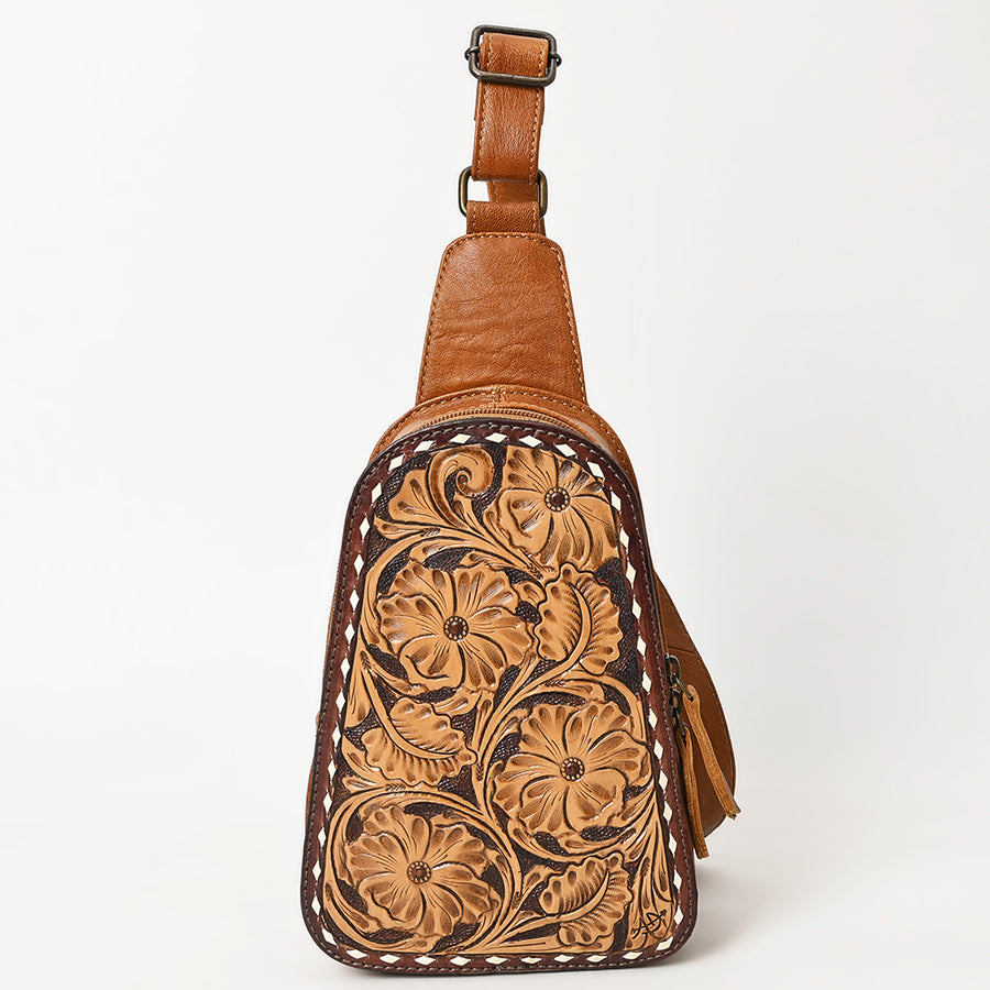 American Darling Western Sling Bag – Hand-Tooled Floral Carved Floral Design, Genuine Leather, Adjustable Strap, Eco-Friendly Crafted