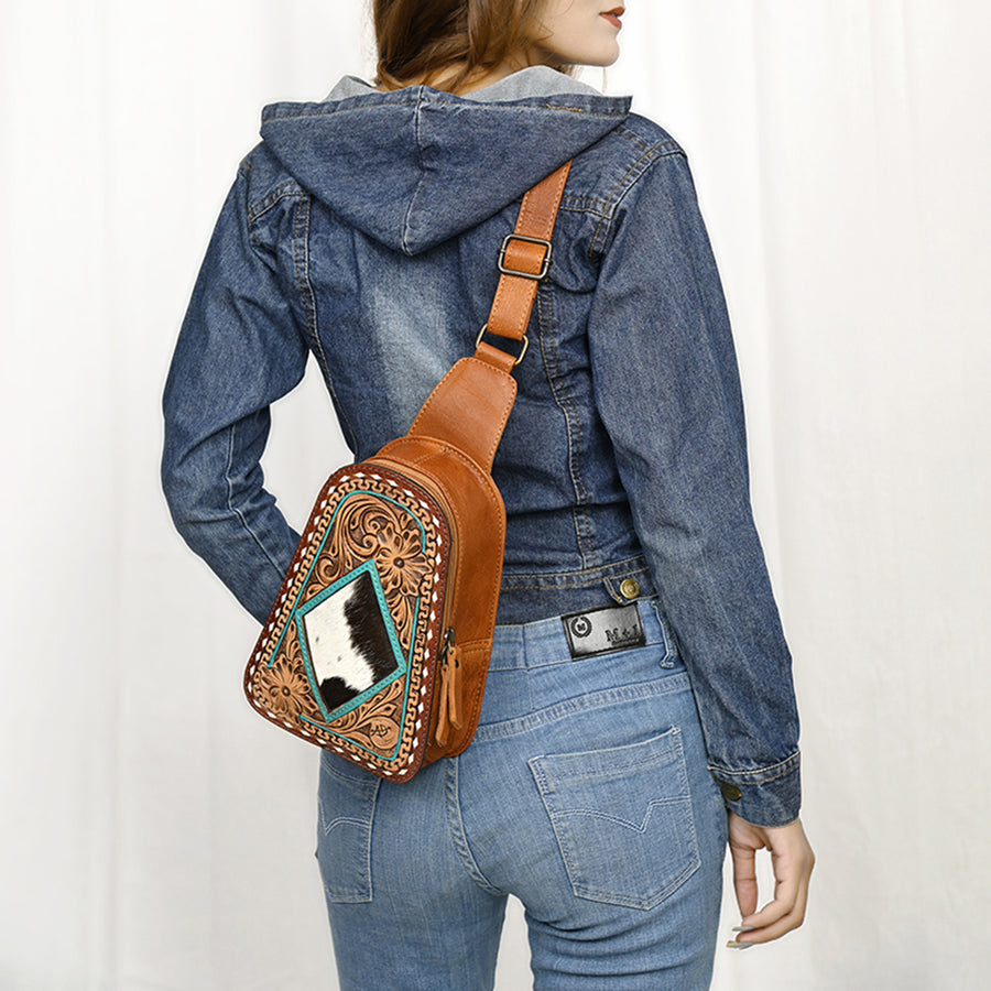 American Darling Western Sling Bag – Hand-Tooled Floral Carved Floral Design, Genuine Leather, Adjustable Strap, Eco-Friendly Crafted