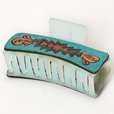 American Darling Floral Long Hair Claw Hand Tooled Carved Genuine Leather Turquoise Clips Clutcher Gift For Women Girls