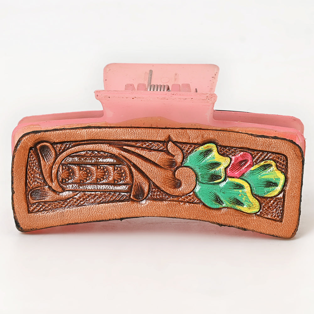 American Darling Floral Long Hair Claw Hand Tooled Carved Genuine Leather Brown Clips Clutcher Gift For Women Girls