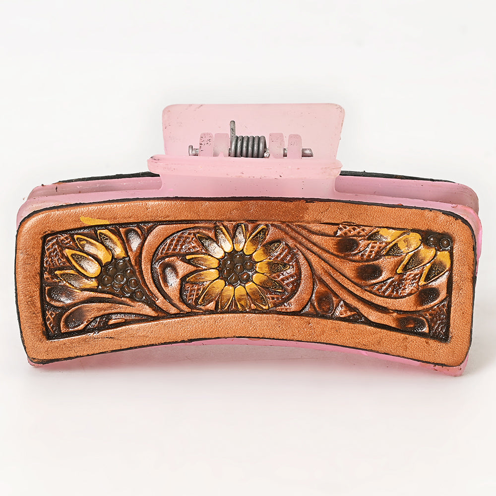 American Darling Floral Long Hair Claw Hand Tooled Carved Genuine Leather Brown Clips Clutcher Gift For Women Girls