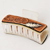 American Darling Floral Long Hair Claw Hand Tooled Carved Genuine Leather Brown Clips Clutcher Gift For Women Girls