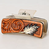 American Darling Floral Long Hair Claw Hand Tooled Carved Genuine Leather Brown Clips Clutcher Gift For Women Girls