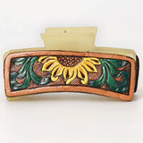 American Darling Floral Long Hair Claw Hand Tooled Carved Genuine Leather Brown Clips Clutcher Gift For Women Girls