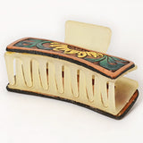 American Darling Floral Long Hair Claw Hand Tooled Carved Genuine Leather Brown Clips Clutcher Gift For Women Girls