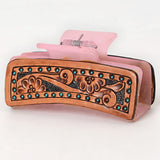 American Darling Floral Long Hair Claw Hand Tooled Carved Genuine Leather Brown Clips Clutcher Gift For Women Girls