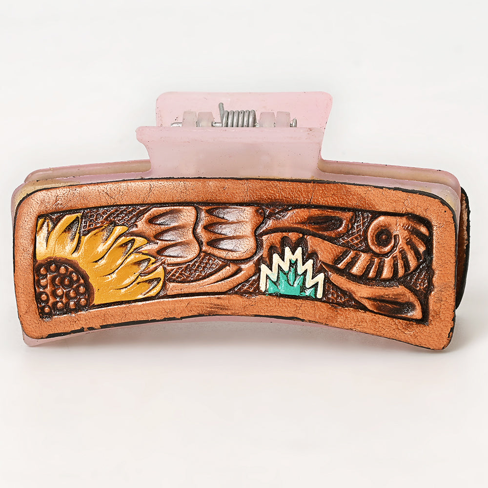 American Darling Floral Long Hair Claw Hand Tooled Carved Genuine Leather Brown Clips Clutcher Gift For Women Girls