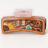 American Darling Floral Long Hair Claw Hand Tooled Carved Genuine Leather Brown Clips Clutcher Gift For Women Girls