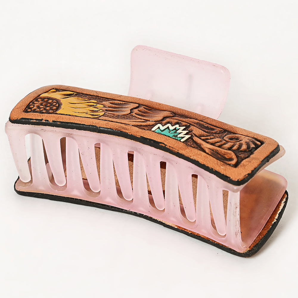 American Darling Floral Long Hair Claw Hand Tooled Carved Genuine Leather Brown Clips Clutcher Gift For Women Girls