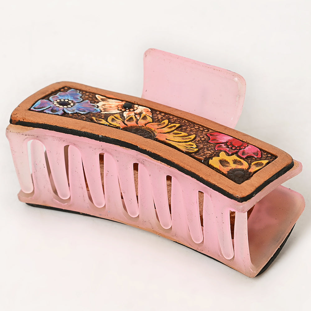 American Darling Floral Long Hair Claw Hand Tooled Carved Genuine Leather Brown Clips Clutcher Gift For Women Girls