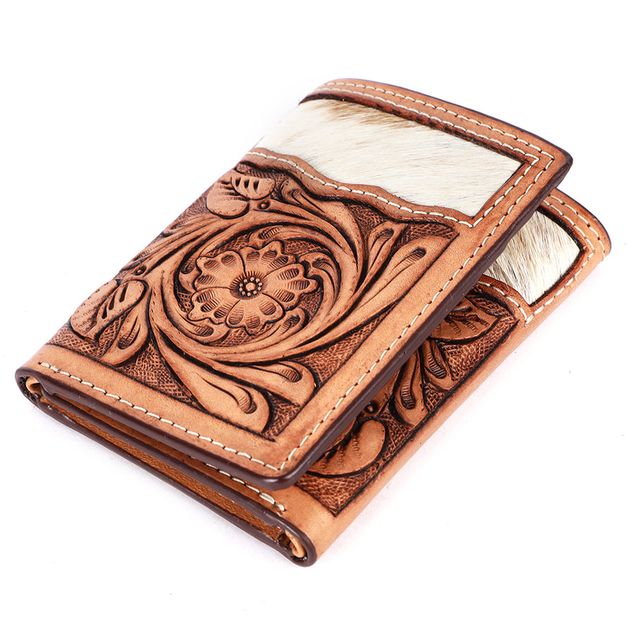 BAR H EQUINE Rodeo Floral Trifold Wallet Men Women Hair-On Genuine Leather Tan - Uhorse