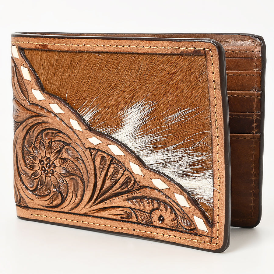 Tan leather wallet with tooled floral design and hair-on-hide inlay - Uhorse