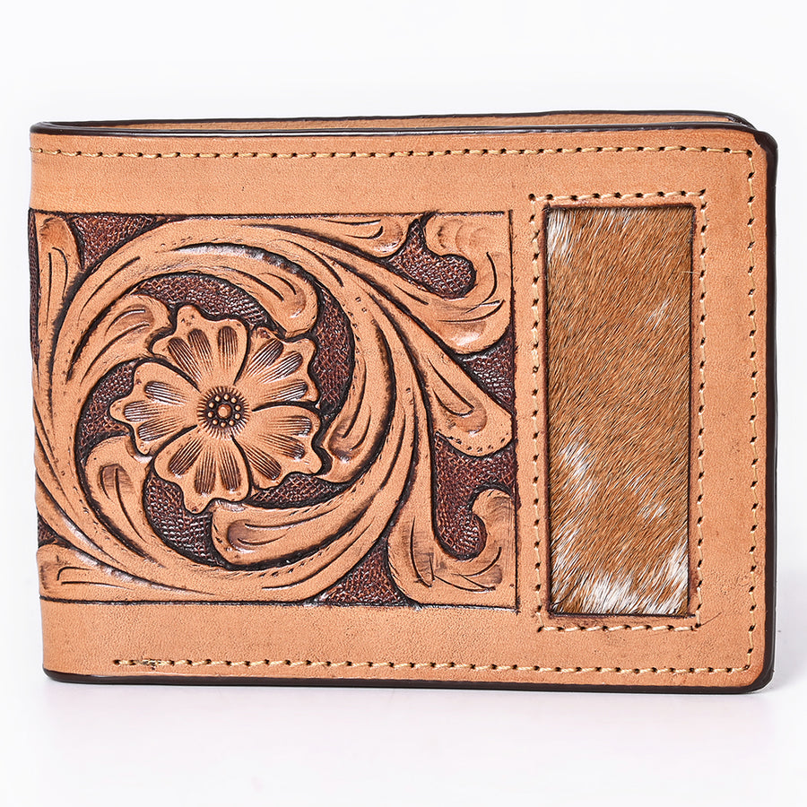 Bar H Equine Floral Hand Carved Leather Rodeo Bifold Wallet For Men Women Tan