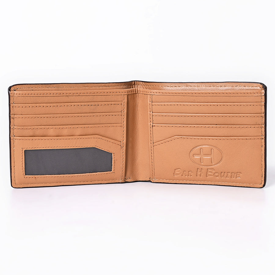 Bar H Equine Floral Hand Carved Leather Rodeo Bifold Wallet For Men Women Tan