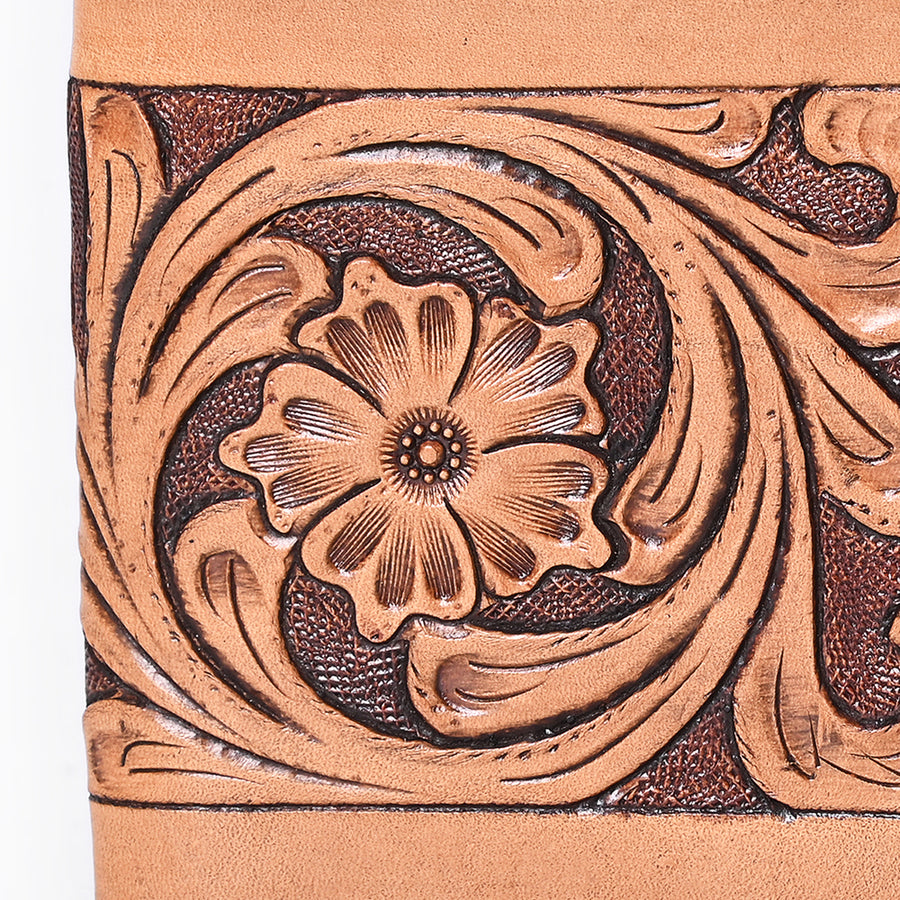 Bar H Equine Floral Hand Carved Leather Rodeo Bifold Wallet For Men Women Tan