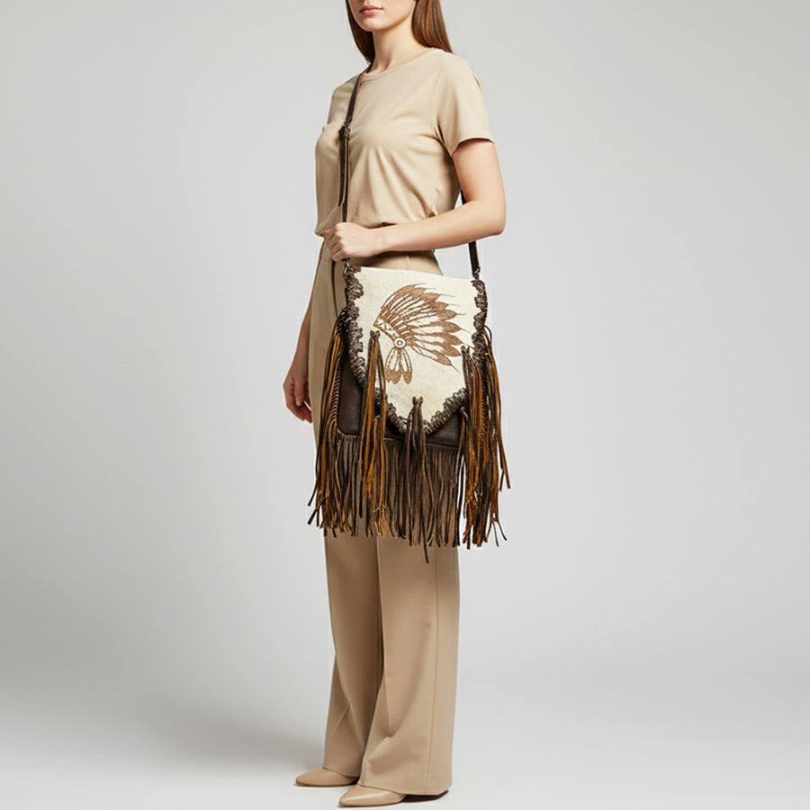 American Darling Messenger Bag Western Hair-On Cowhide Genuine Leather Handcrafted Crossbody Purse with Fringes and YKK Zipper