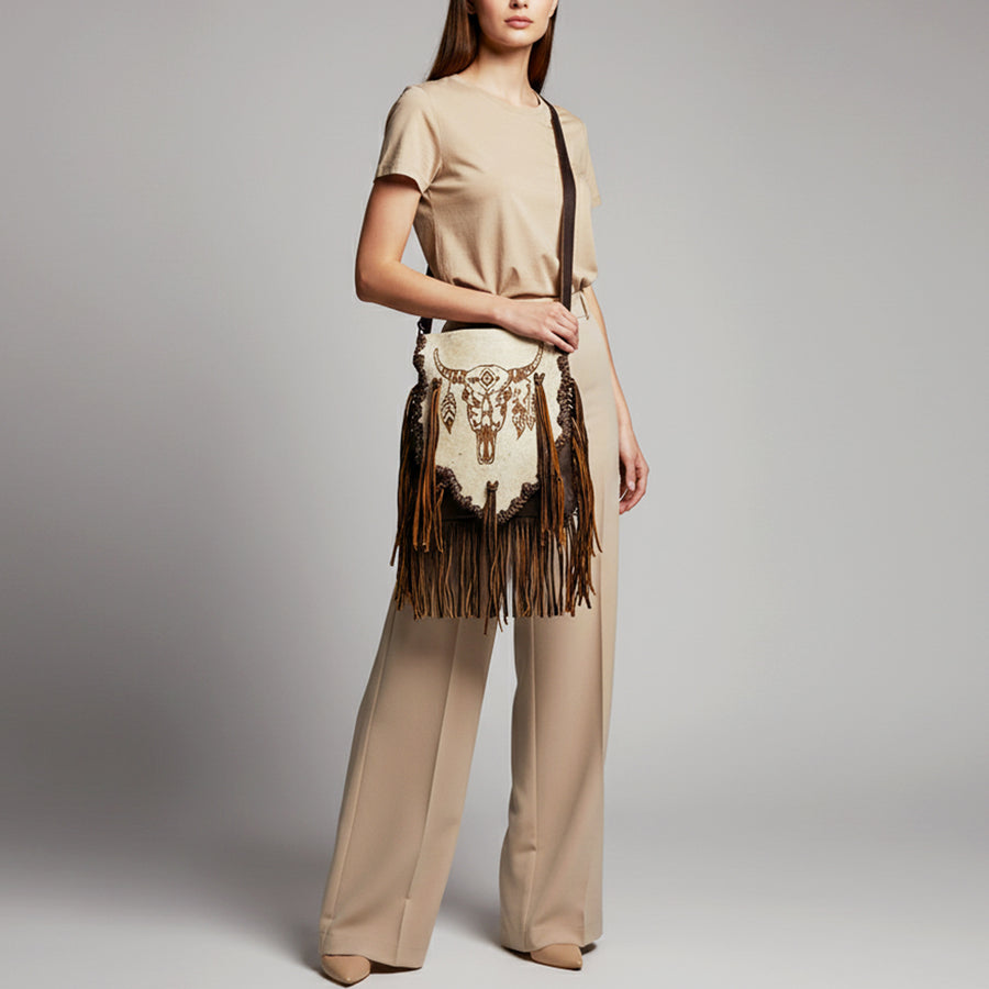 American Darling Messenger Bag Western Hair-On Cowhide Genuine Leather Handcrafted Crossbody Purse with Fringes and YKK Zipper