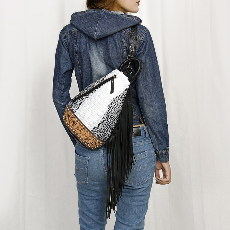 American Darling Sling Bag Handcrafted from Crocodile Embossed Leather | Hand-Tooled Floral Base, Long Fringe & Multi-Pocket Design