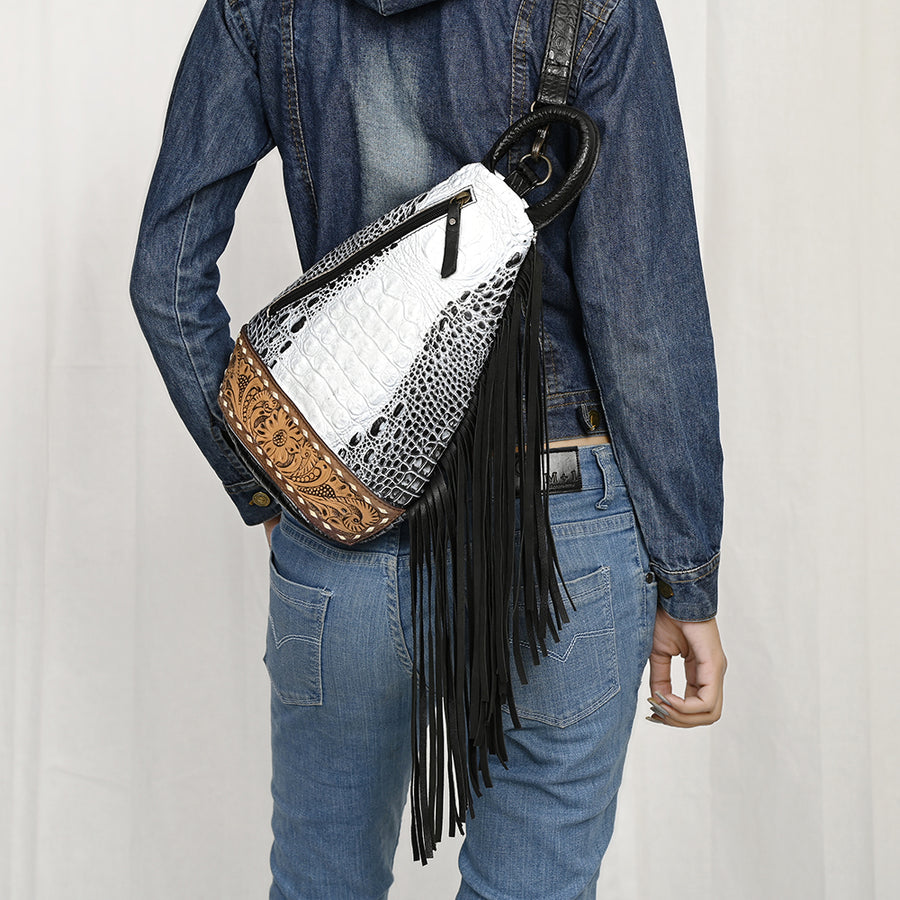 American Darling Sling Bag Handcrafted from Crocodile Embossed Leather | Hand-Tooled Floral Base, Long Fringe & Multi-Pocket Design