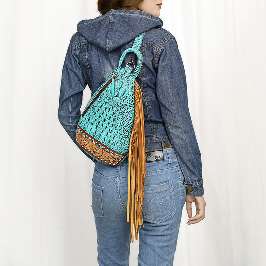 American Darling Sling Bag Handcrafted from Crocodile Embossed Leather | Hand-Tooled Floral Base, Long Fringe & Multi-Pocket Design