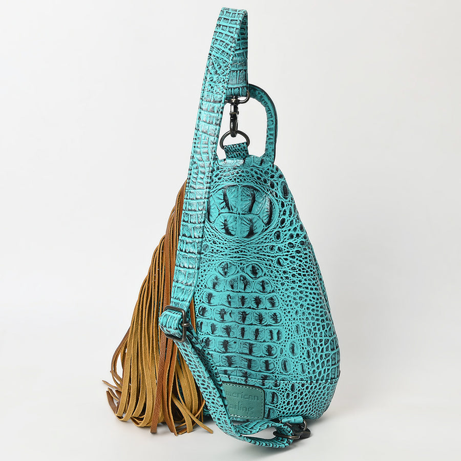 American Darling Sling Bag Handcrafted from Crocodile Embossed Leather | Hand-Tooled Floral Base, Long Fringe & Multi-Pocket Design
