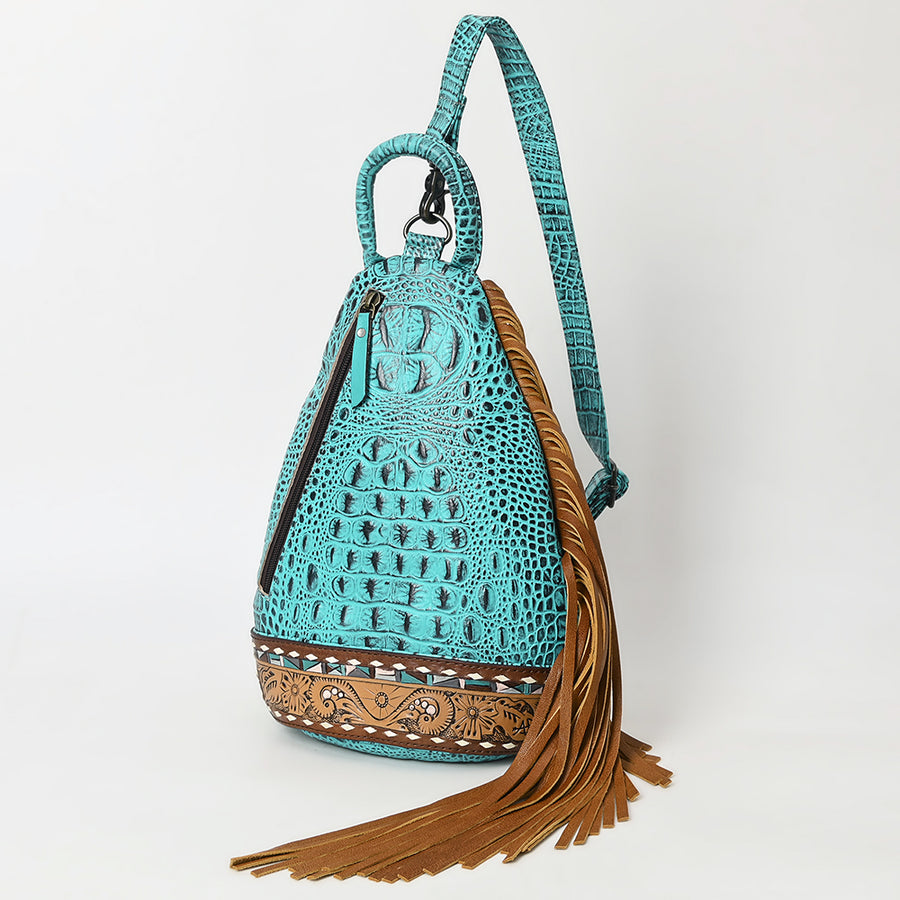 American Darling Crocodile Embossed Sling Bag | Hand-Tooled Leather Fringe Bag - Uhorse