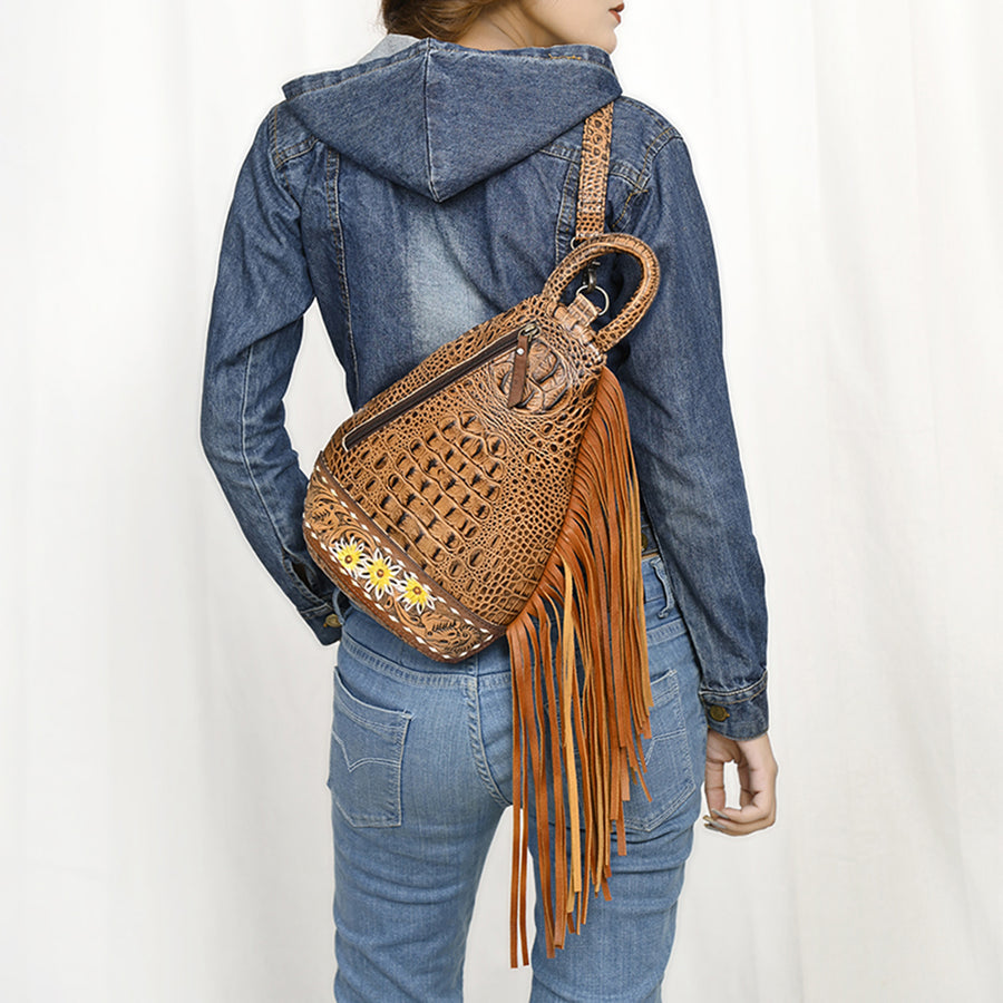 American Darling Sling Bag Handcrafted from Crocodile Embossed Leather | Hand-Tooled Floral Base, Long Fringe & Multi-Pocket Design