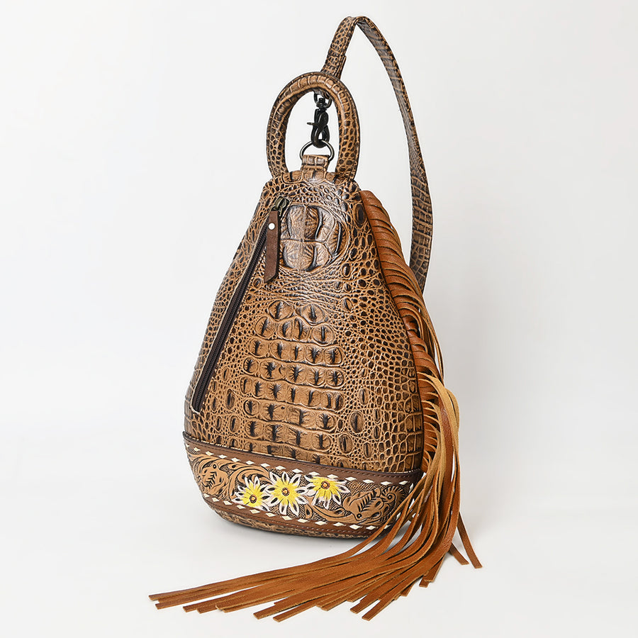 American Darling Crocodile Embossed Sling Bag | Hand-Tooled Leather Fringe Bag - Uhorse