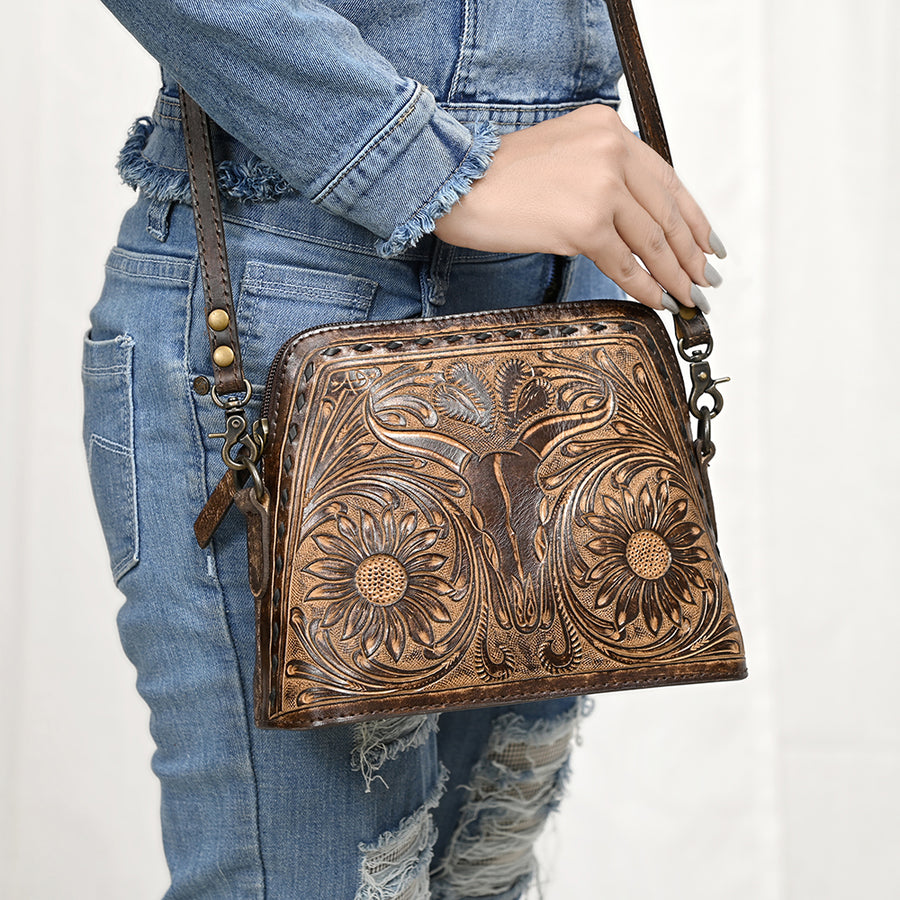 American Darling Wallet for Women, Hand Tooled Floral Leather, Vegetable-Tanned Full Grain Western Clutch with YKK Zipper