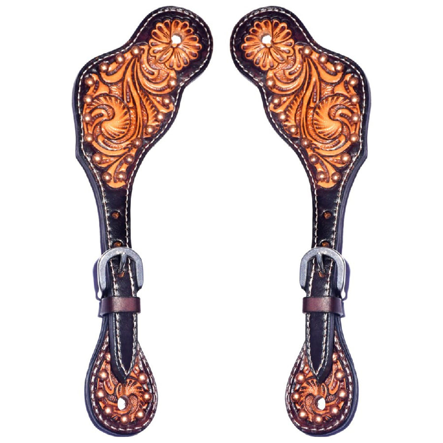 Leather spur straps with tooled floral design - Uhorse